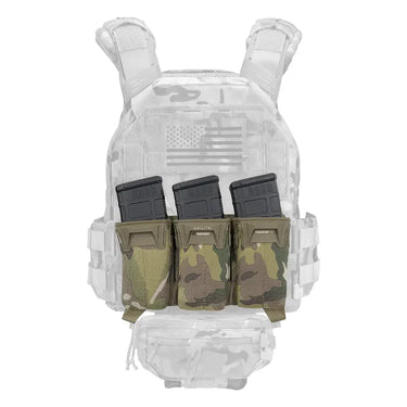 Camo triple magazine pouch with three magazine slots and top retention tabs