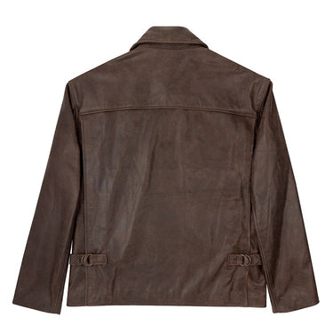Brown leather jacket with stand collar and adjustable waist tabs at sides