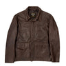 Brown leather zip-front jacket with flap chest pockets and pointed collar