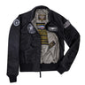 Black flight jacket with zip front, stand collar, ribbed cuffs, and sleeve patches