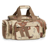 Desert camo pistol range bag with top handle, front zipper pocket, and side mesh pouch