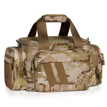 Multicam arid pistol range bag with tan carry handle and front zip storage compartments