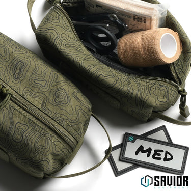 Olive-green zippered pouch with internal strap loops and visible gear, including a rolled item
