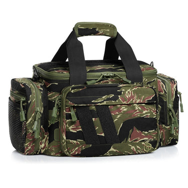 Green camo pistol range bag with top carry handle and front padded zip compartments