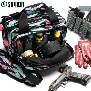 Miami tiger stripe range bag open to show padded compartments and elastic gear slots