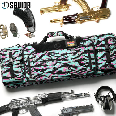 Rifle bag in Miami tiger stripe camo with front logo patch and open compartments for gear