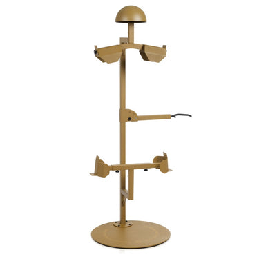 Tan tactical gear stand with helmet mount, side arms, and round base