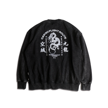 Black relaxed sweatshirt with full back dragon and flight-route text graphic