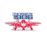 Embroidered aviation patch with blue text, red fighter jet front view