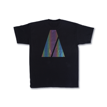 Black crewneck T-shirt with holographic triangular A graphic