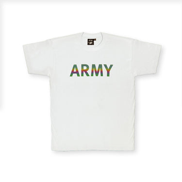 White crewneck T-shirt with multicolor “ARMY” text graphic on the front