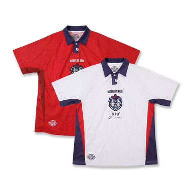 Red and white jersey shirts with navy collars and embroidered chest logos, short sleeves