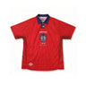 Red jersey shirt with navy collar and cuffs, embroidered chest crest logo, short sleeves