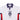 White jersey polo shirt with navy collar and red side panels, chest logo and text