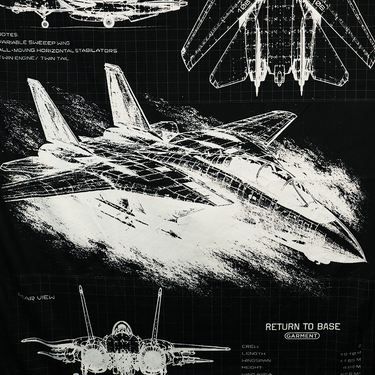 Black towel with large white F-14 blueprint art and technical lines