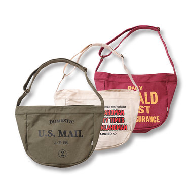 Daily newspaper bag in olive drab, off-white, and burgundy with shoulder straps