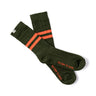 Olive crew socks with orange stripe bands and red return-to-base text