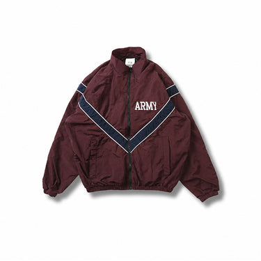 Army jacket in burgundy with stand collar, “ARMY” patch, and light trim V yoke.