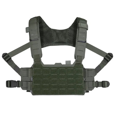 Ranger green tactical plate carrier rig with mesh shoulder panel, front panel, and side straps