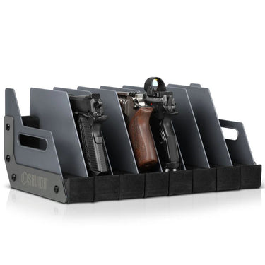 Dark gray pistol rack with multiple padded slots holding two pistols