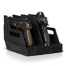 Black pistol rack with multiple padded slots and two pistols, side view