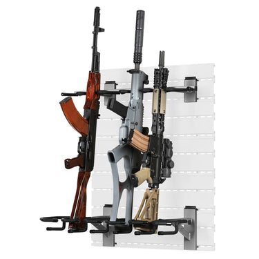 Rifle wall rack system displaying several rifles mounted on a white slat panel