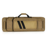 Flat dark earth double rifle case with padded handle, zip closure, and front mesh window panel
