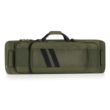OD green double rifle case with padded handle, zip closure, and front mesh window panel