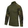 Green woodland camo combat shirt with long sleeves and half-zip mock neck
