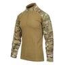 Tan and woodland camo combat shirt with long sleeves, half-zip mock neck