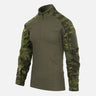 Green woodland camo combat shirt with long sleeves and half-zip mock neck