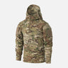 Multicam softshell combat shirt with full hood and front zipper, camouflage pattern