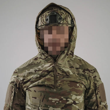 Multicam hooded softshell combat shirt with zip front, camouflage pattern