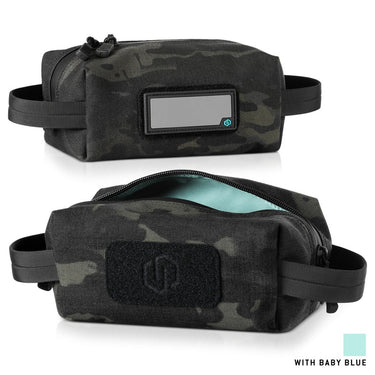 Multicam camo loose ammo carrier pouch with zipper top, ID patch, and baby blue interior.