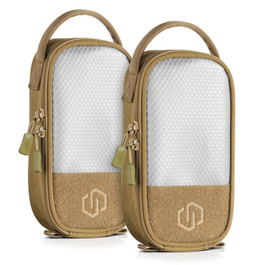 Hook-backed backing pouches, tan with textured white panels and zip closures (2-pack)