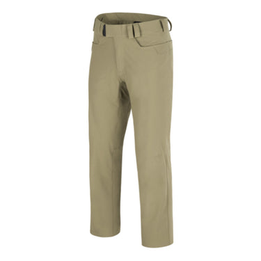 Khaki tactical pants with belt loops and side pockets