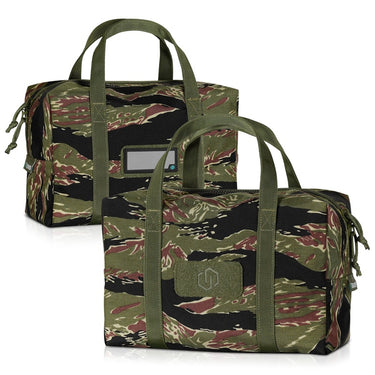 Mini duffle bag pair in camo print, front patch holder and webbing carry handles