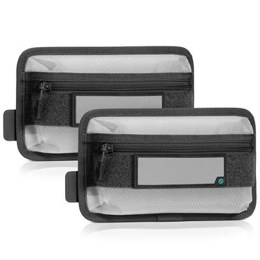 Black hook-back pouch set with zip top and clear window panel, two-pack
