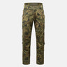 Camouflage field pants, full view: tapered straight leg with knee pockets and cuffed hems.