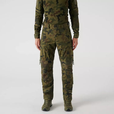 Green camouflage field pants with long legs and rear view of knee and pocket panels