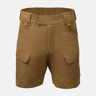 Coyote brown tactical-style shorts with elastic waistband and two cargo side pockets