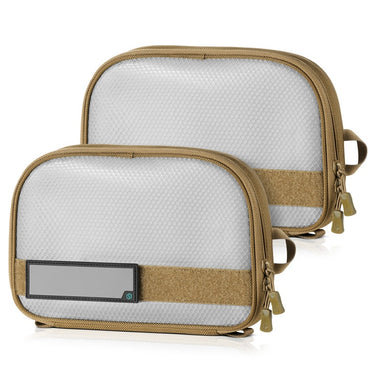 Flat dark earth and white hook-and-loop backing pouches with clear-front panel, 2-pack