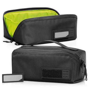 2-pack utility pouches in black and neon green, zippered with front label patches