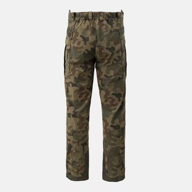 Camouflage stormstretch pants with elastic waistband, front crease, and cargo pockets.