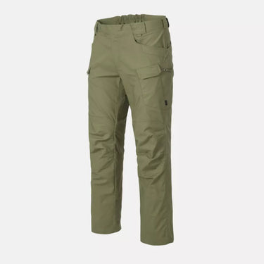Olive green ripstop stretch pants with elastic waistband and cargo pockets, straight leg