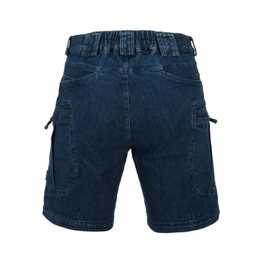 Denim cargo shorts in dark blue, back view with elastic waistband and side flap pockets