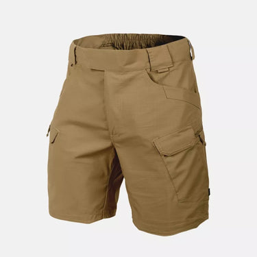 Coyote brown stretch ripstop shorts with elastic waist and side cargo pockets