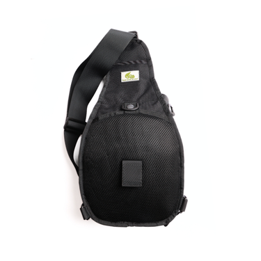 Black sling side bag with mesh panel backing and small front storage pocket