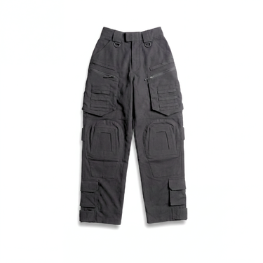 Dark gray cargo tactical pants with belt loops, zip fly, and multiple front pockets