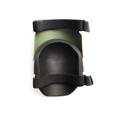 Olive green knee pad with black foam-backed straps and curved protective shell
